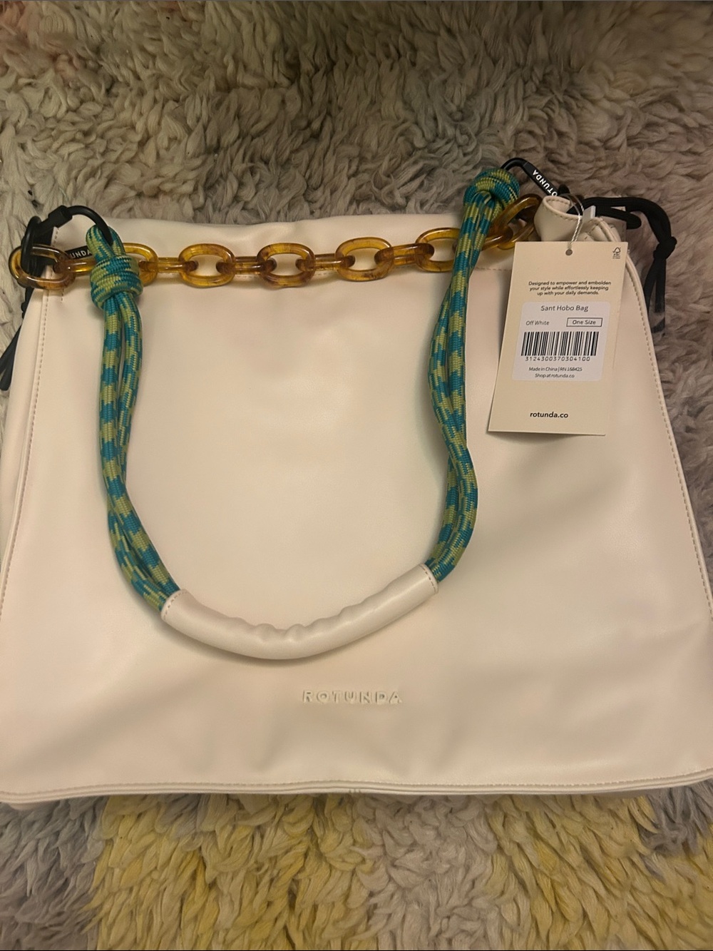 Rotunda White Hobo Bag with Turquoise Rope Handle and Tortoiseshell Chain